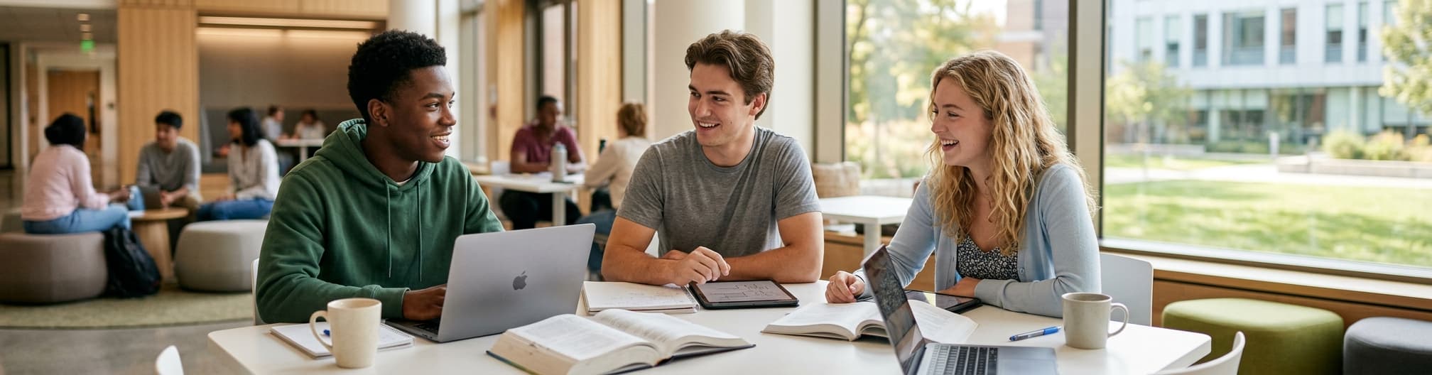 Three students talking over laptops and open books at a shared table in a campus study space